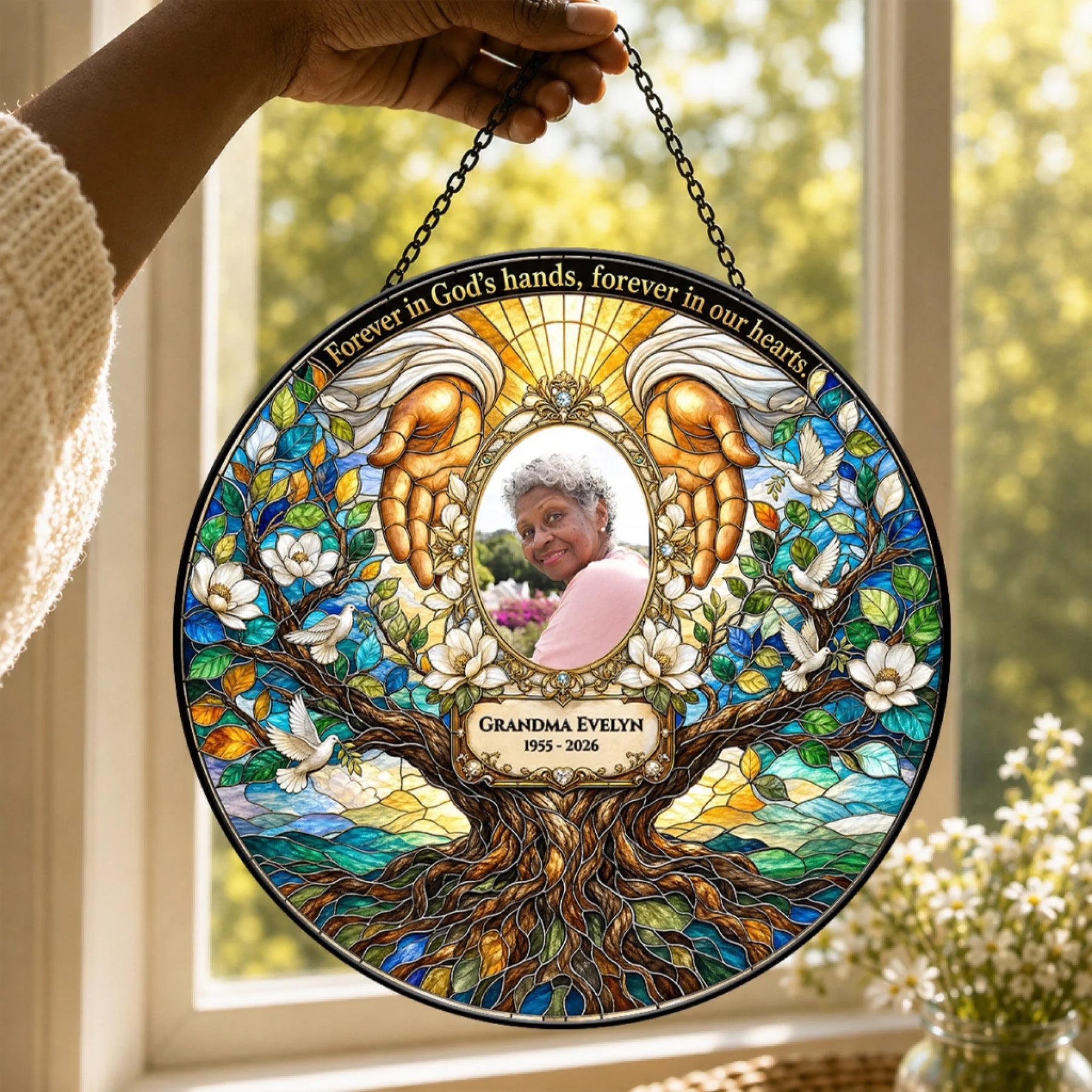 Personalized memorial stained glass suncatcher featuring a photo of Grandma Evelyn, tree of life, doves, and loving quote.