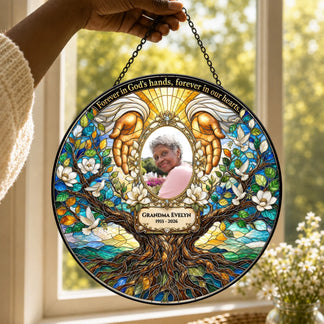 Personalized memorial stained glass suncatcher featuring a photo of Grandma Evelyn, tree of life, doves, and loving quote.