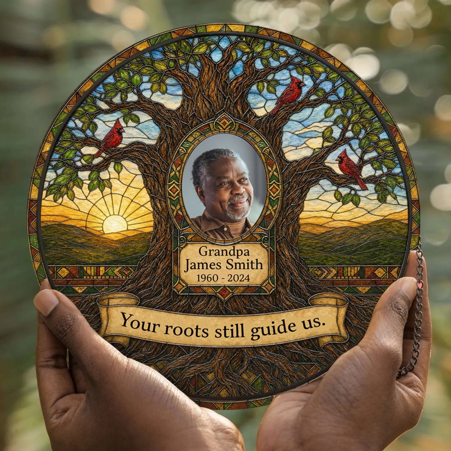 Personalized memorial stained glass suncatcher featuring a photo of Grandpa James Smith, cardinal art, and custom text.