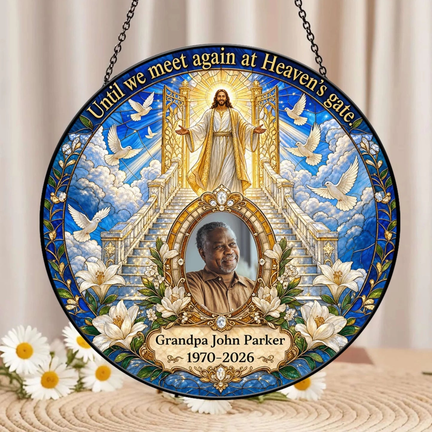 Custom memorial acrylic suncatcher with heaven gate design, name, and dates as a heartfelt sympathy gift for loss of grandpa.