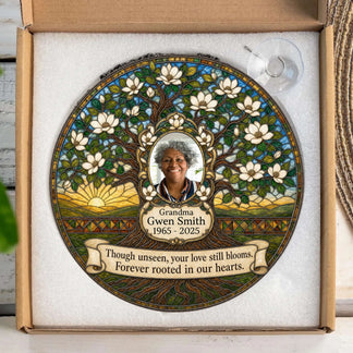 Custom memorial stained glass suncatcher featuring a photo of a loved one, tree of life art, name, and dates in a box.