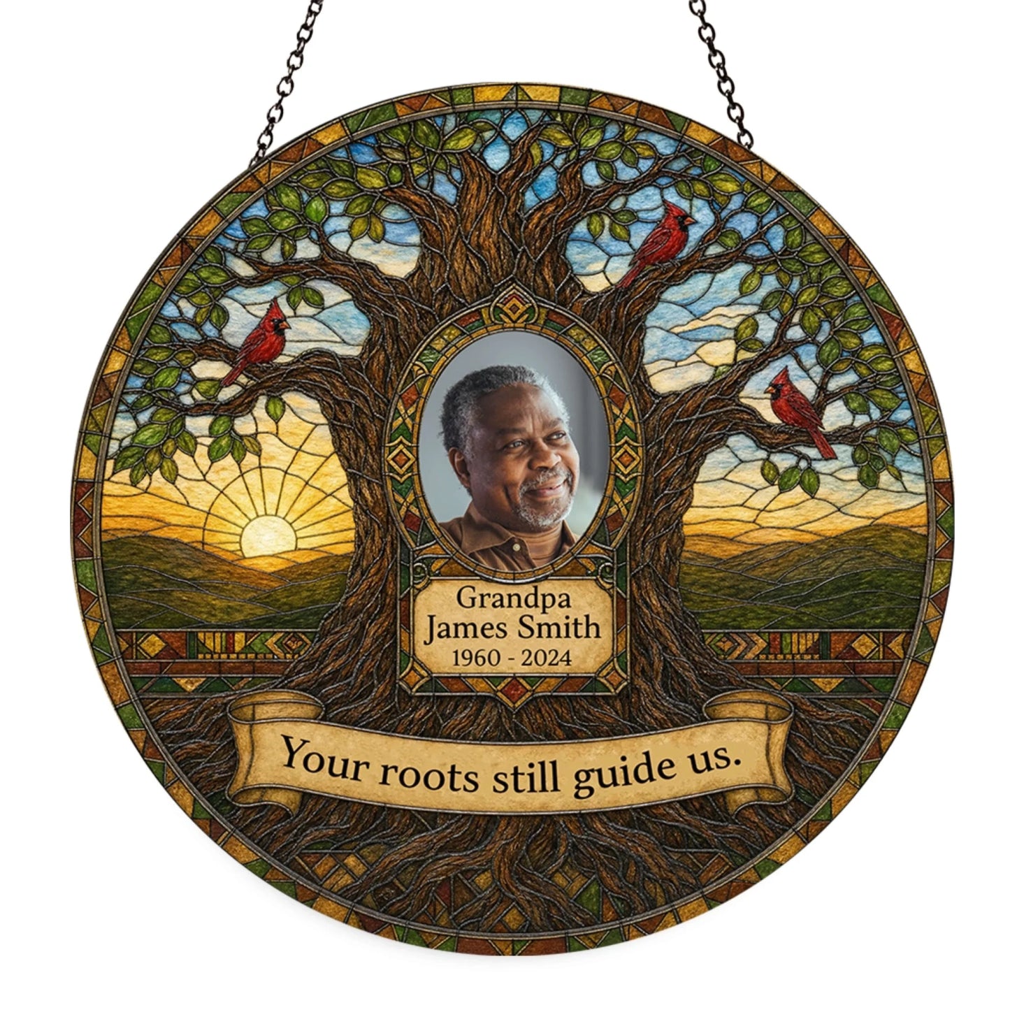 Personalized memorial stained glass suncatcher featuring a tree design, cardinal birds, custom photo, and name years.