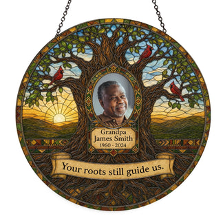 Personalized memorial stained glass suncatcher featuring a tree design, cardinal birds, custom photo, and name years.
