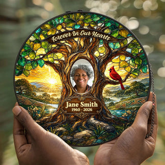 Custom memorial acrylic suncatcher featuring a stained glass tree design with a photo and the name Jane Smith