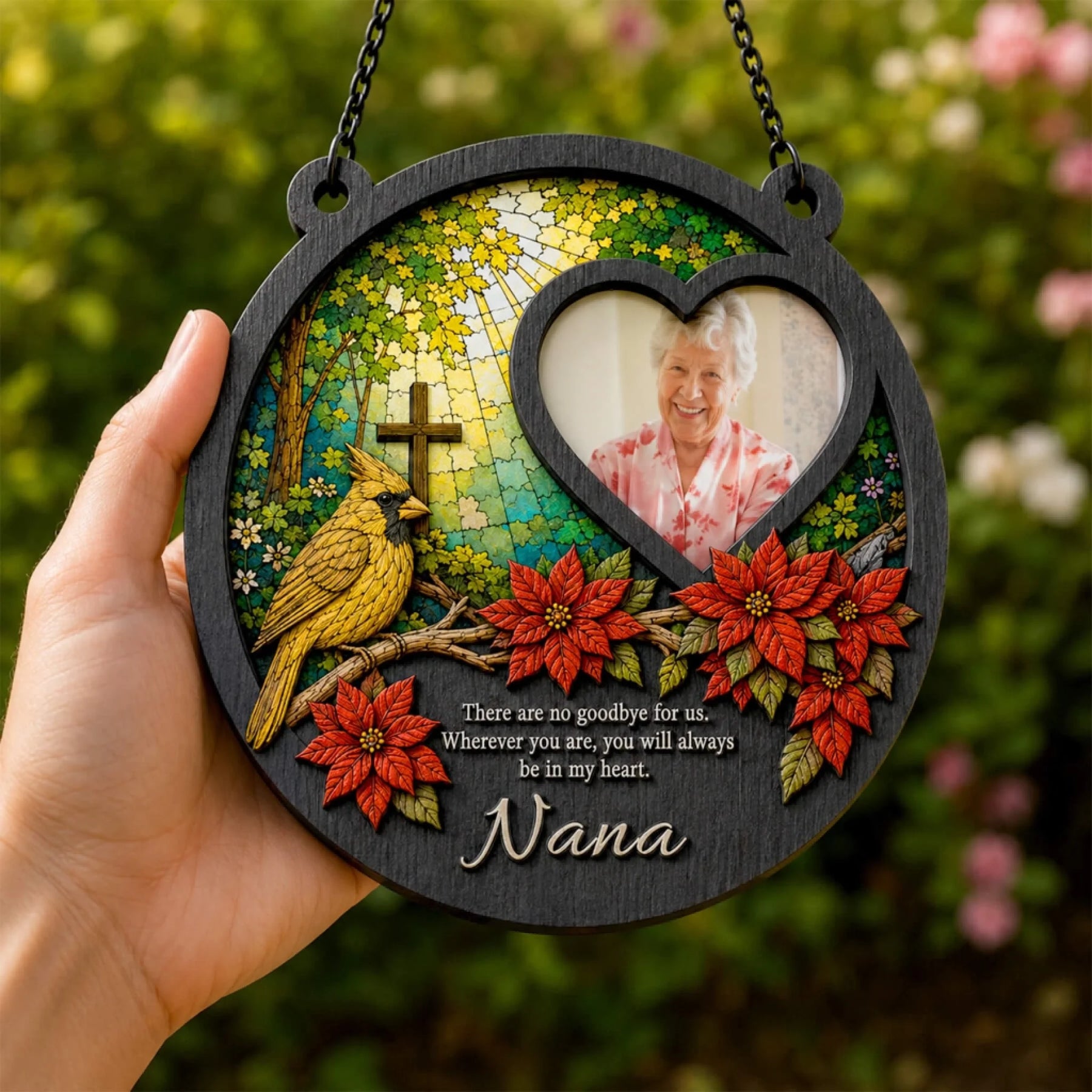 Hand-held personalized memorial suncatcher with a yellow cardinal design and loving Nana quote for a loss keepsake.