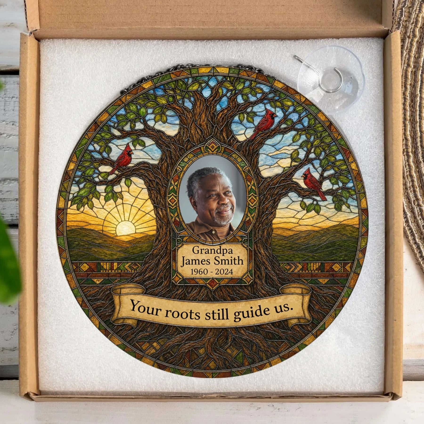 Personalized memorial stained glass suncatcher with cardinal design in a gift box, perfect for sympathy and grief.
