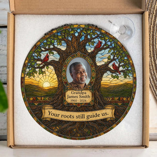 Personalized memorial stained glass suncatcher with cardinal design in a gift box, perfect for sympathy and grief.