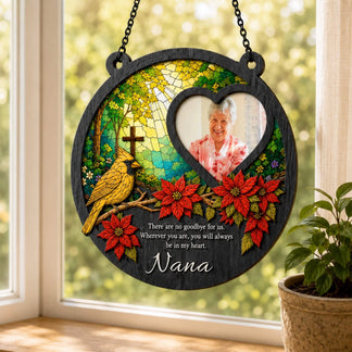 Custom memorial acrylic suncatcher featuring a cardinal bird and poinsettias with a Nana photo and heartfelt sympathy quote.