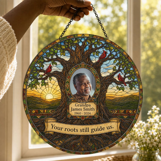 Custom memorial acrylic suncatcher featuring a cardinal tree design with a photo of Grandpa and commemorative dates.
