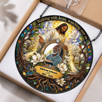 Stained glass memorial suncatcher in a box, featuring a custom photo, the name Michael Johnson, and memorial years 1962-2025.