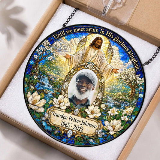 Custom memorial acrylic suncatcher featuring a photo of a man, religious stained glass design, and sentimental quote.