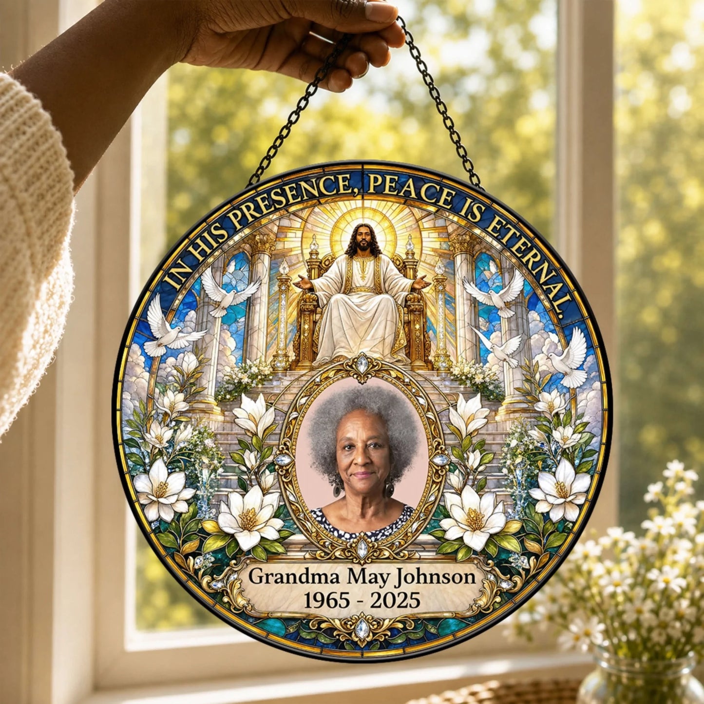 Round personalized memorial suncatcher featuring a photo of Grandma May Johnson with religious artwork and custom dates.