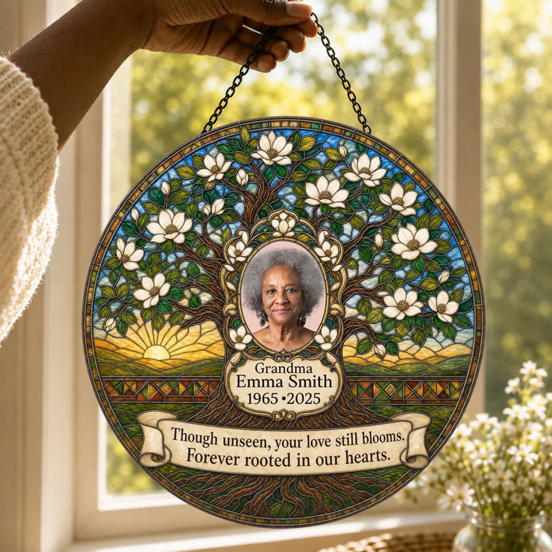Custom memorial acrylic suncatcher featuring a stained glass style tree with a photo of a loved one and a touching quote.