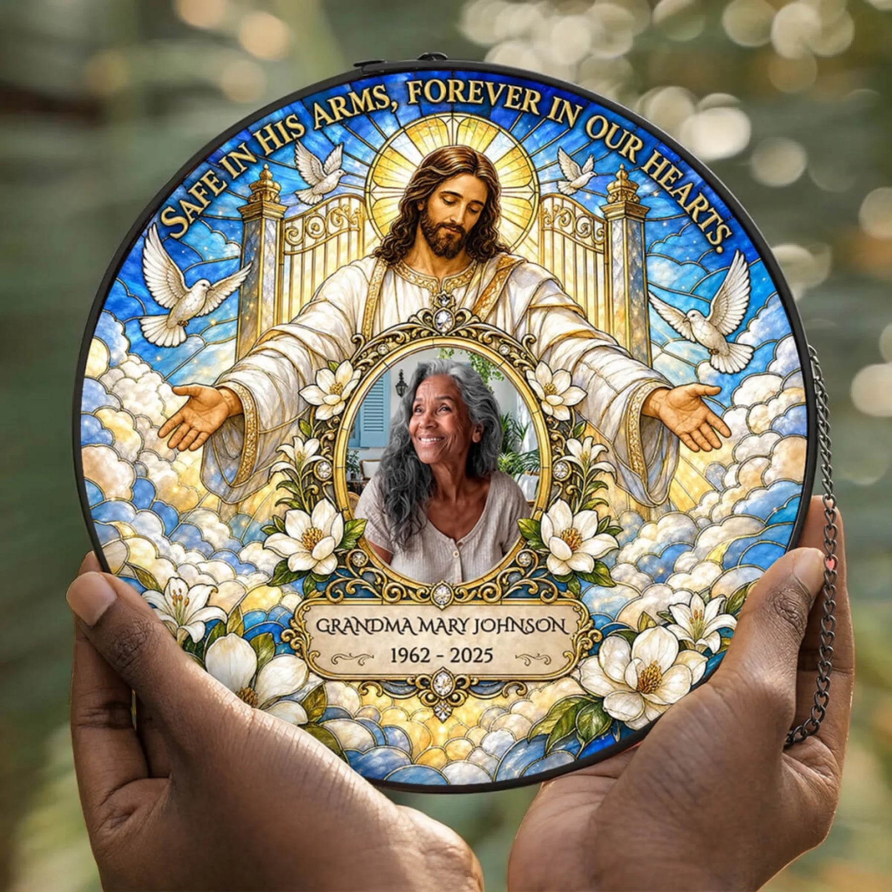 Personalized memorial suncatcher featuring Jesus holding a custom photo with Grandma Mary Johnson name and years.