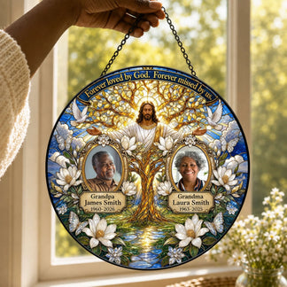 Custom memorial suncatcher featuring Jesus, personalized with photos, names, and dates to honor loved ones in heaven.