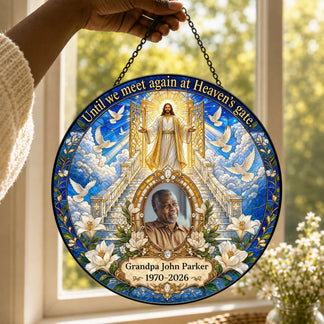 Personalized memorial acrylic suncatcher featuring a photo of Grandpa John Parker with Jesus, doves, and heaven gate theme.