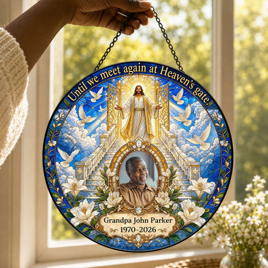 Personalized memorial acrylic suncatcher featuring a photo of Grandpa John Parker with Jesus, doves, and heaven gate theme.