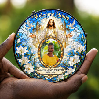 Personalized memorial acrylic suncatcher featuring a photo of Grandma Mary Johnson and a Jesus Welcome Home theme.