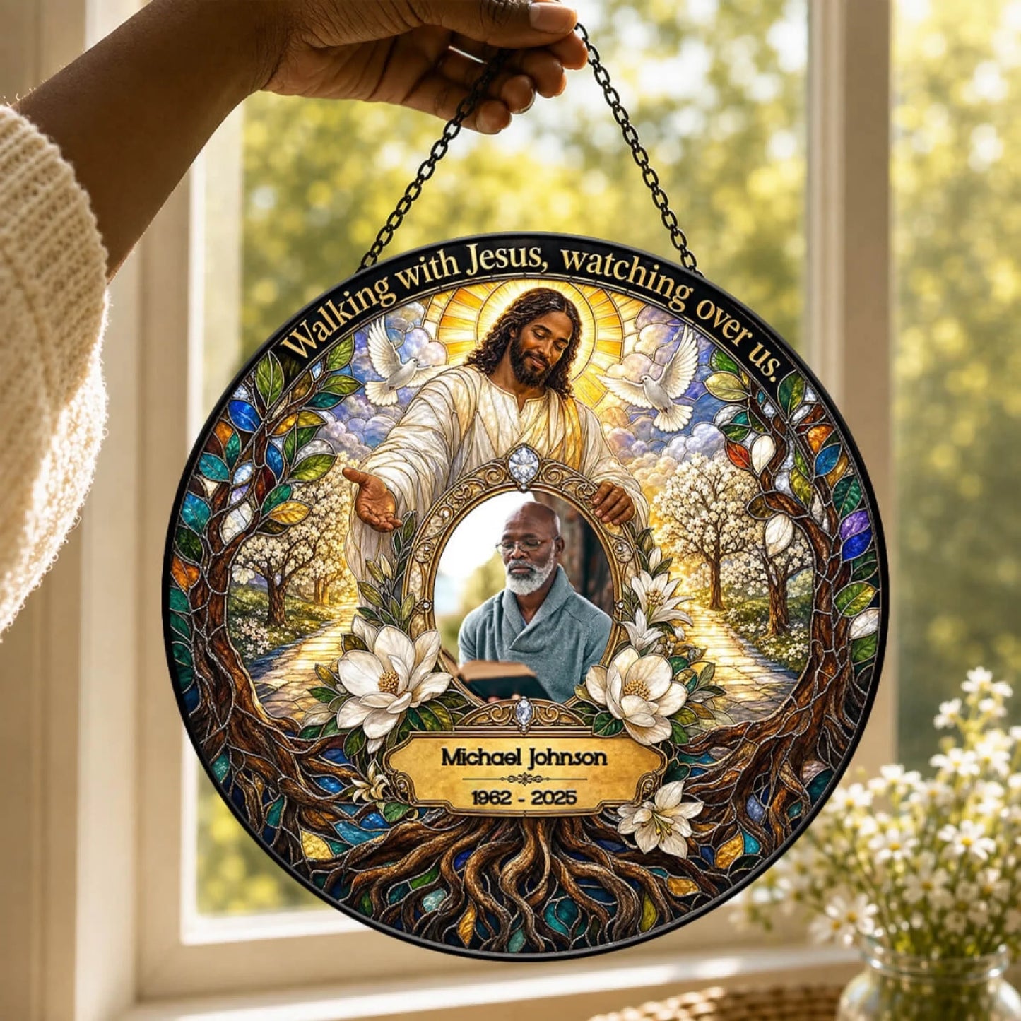 Custom memorial acrylic suncatcher featuring Jesus and doves with a personalized name and dates in a gift box.