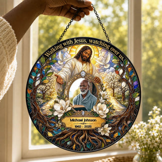 Custom memorial acrylic suncatcher featuring Jesus and doves with a personalized name and dates in a gift box.