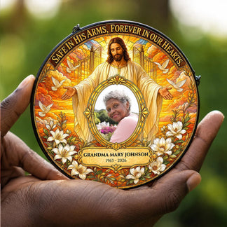Personalized memorial acrylic suncatcher featuring a photo of Grandma Mary Johnson and a religious Jesus design for sympathy.