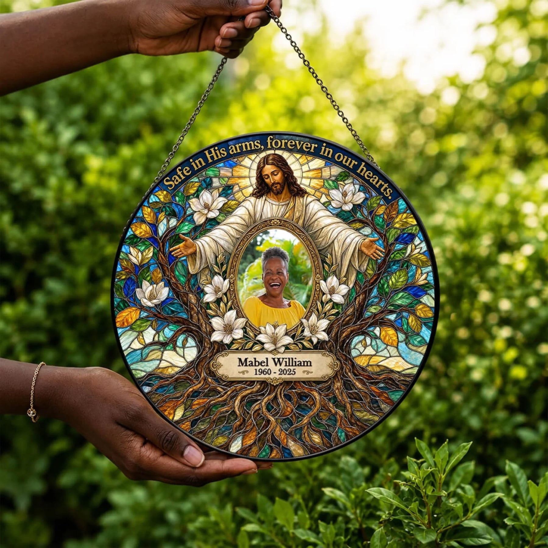 Custom memorial stained glass ornament featuring Jesus, a photo of Mabel William, and a sympathy poem for loss