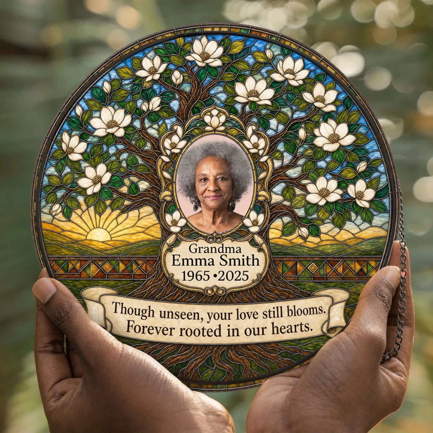 A round personalized memorial suncatcher featuring a photo of Grandma Emma Smith and a commemorative tree of life design for sympathy.