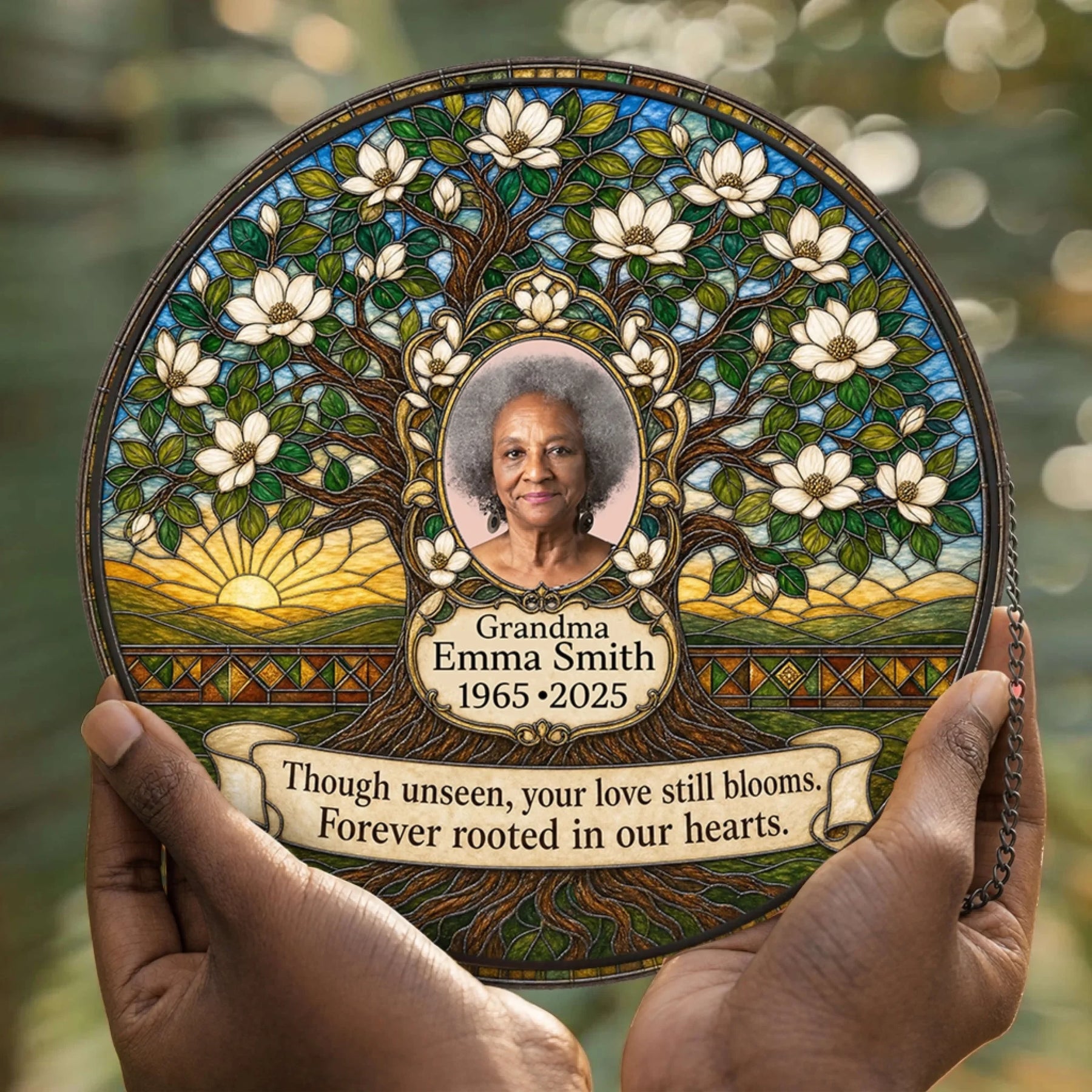 A round personalized memorial suncatcher featuring a photo of Grandma Emma Smith and a commemorative tree of life design for sympathy.