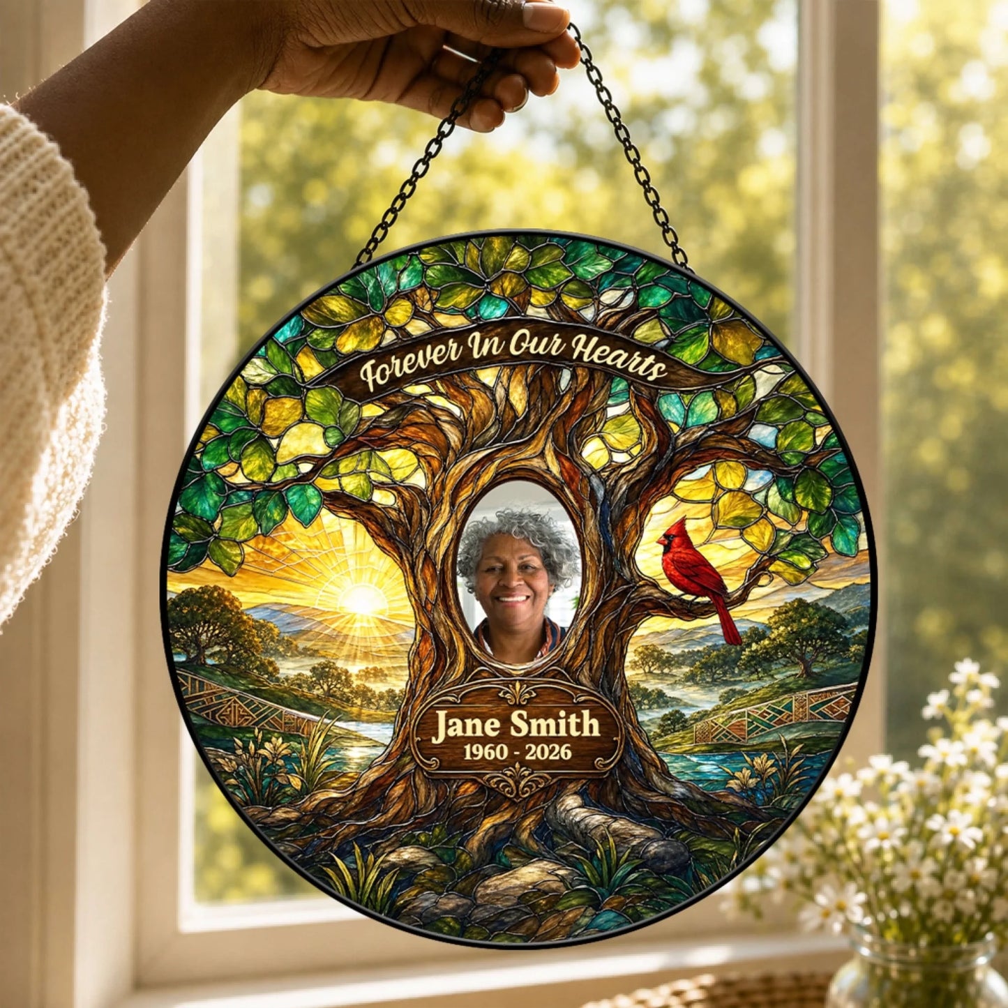 A personalized circular memorial suncatcher featuring a tree of life stained glass style design with a custom photo and name.