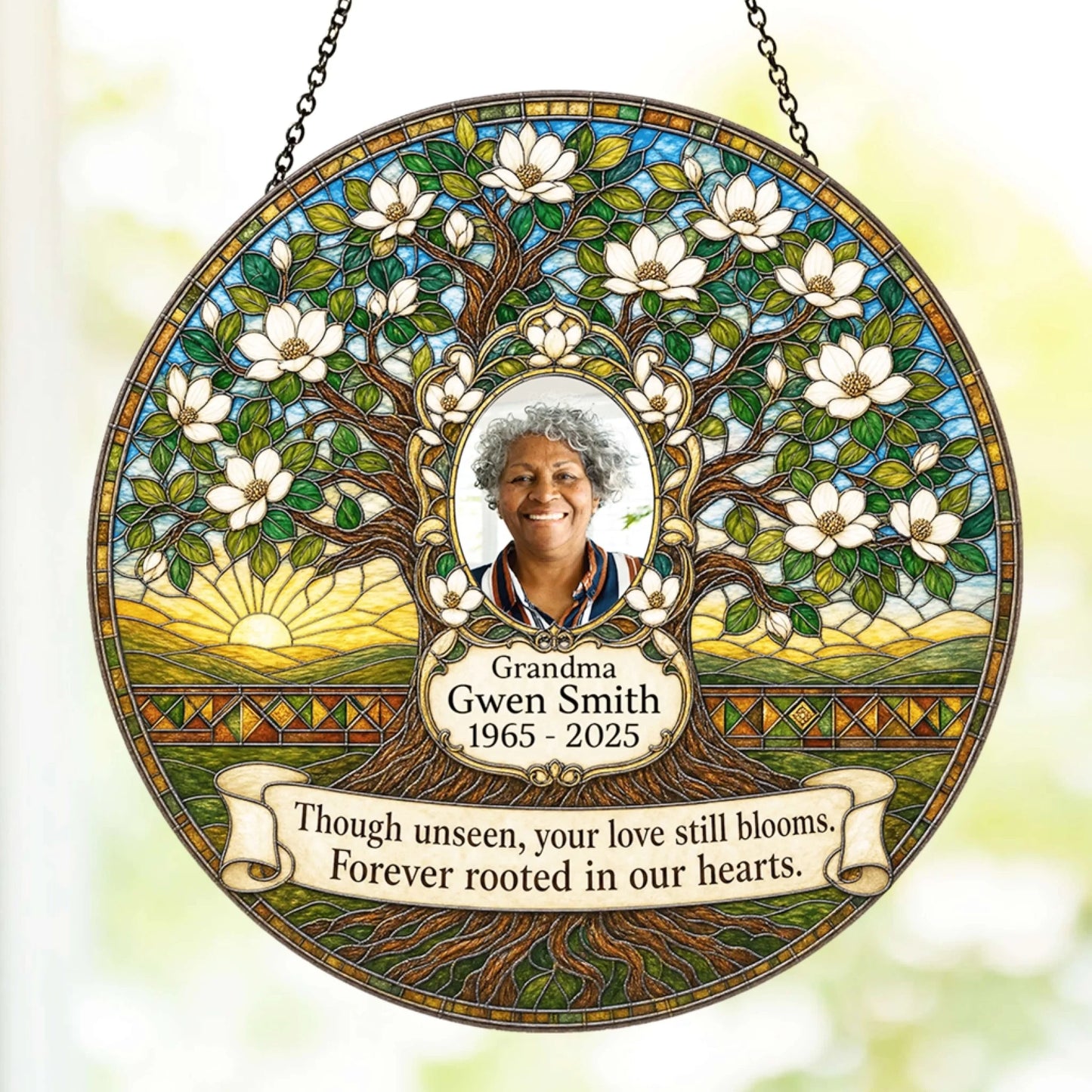 Custom tree of life memorial suncatcher with photo and heartfelt quote as a personalized gift for loss of grandmother.
