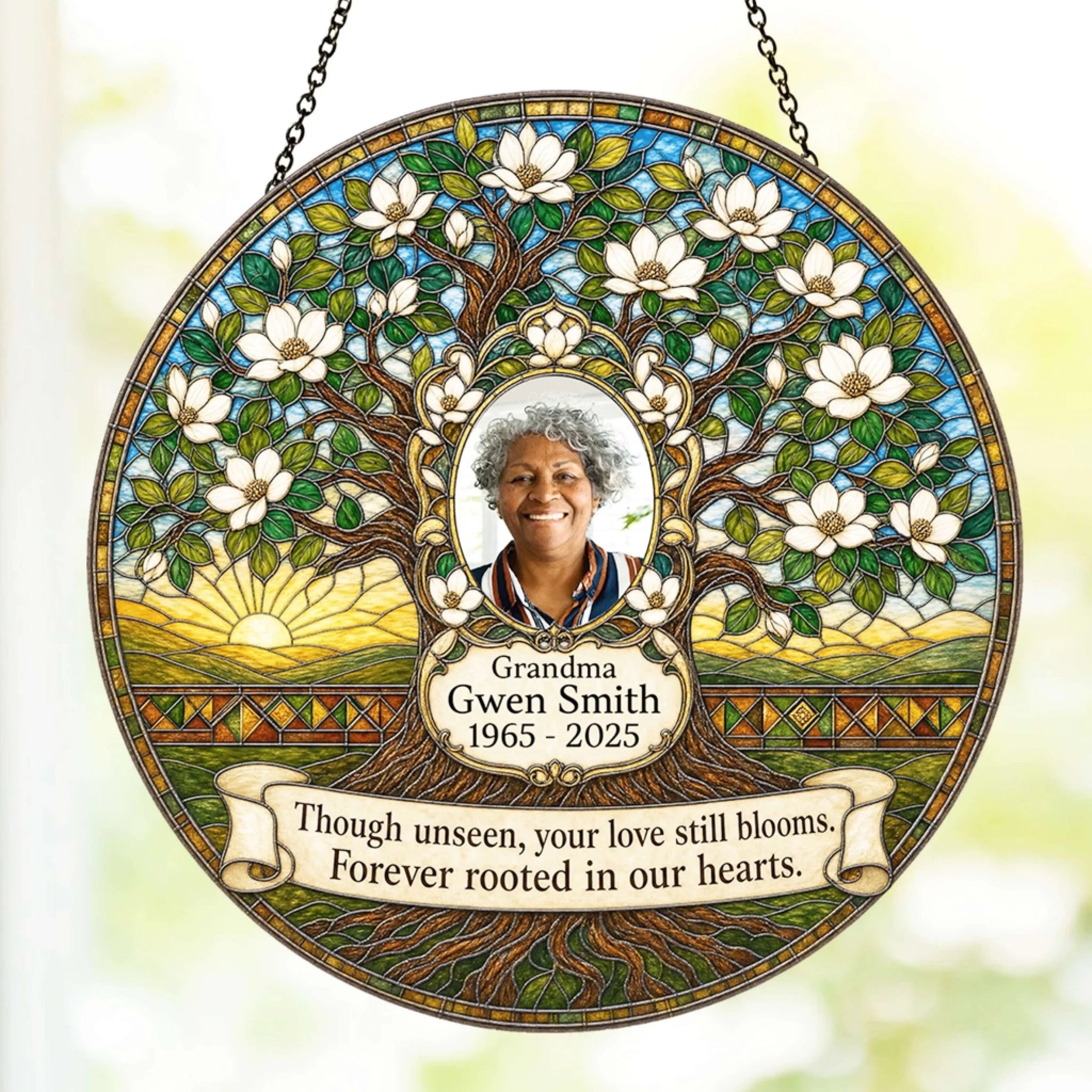 Custom tree of life memorial suncatcher with photo and heartfelt quote as a personalized gift for loss of grandmother.