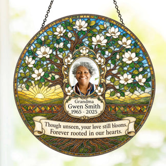 Custom tree of life memorial suncatcher with photo and heartfelt quote as a personalized gift for loss of grandmother.