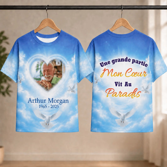 Custom memorial t-shirt with photo, name, and dates in a heart frame with dove design for a thoughtful sympathy gift.