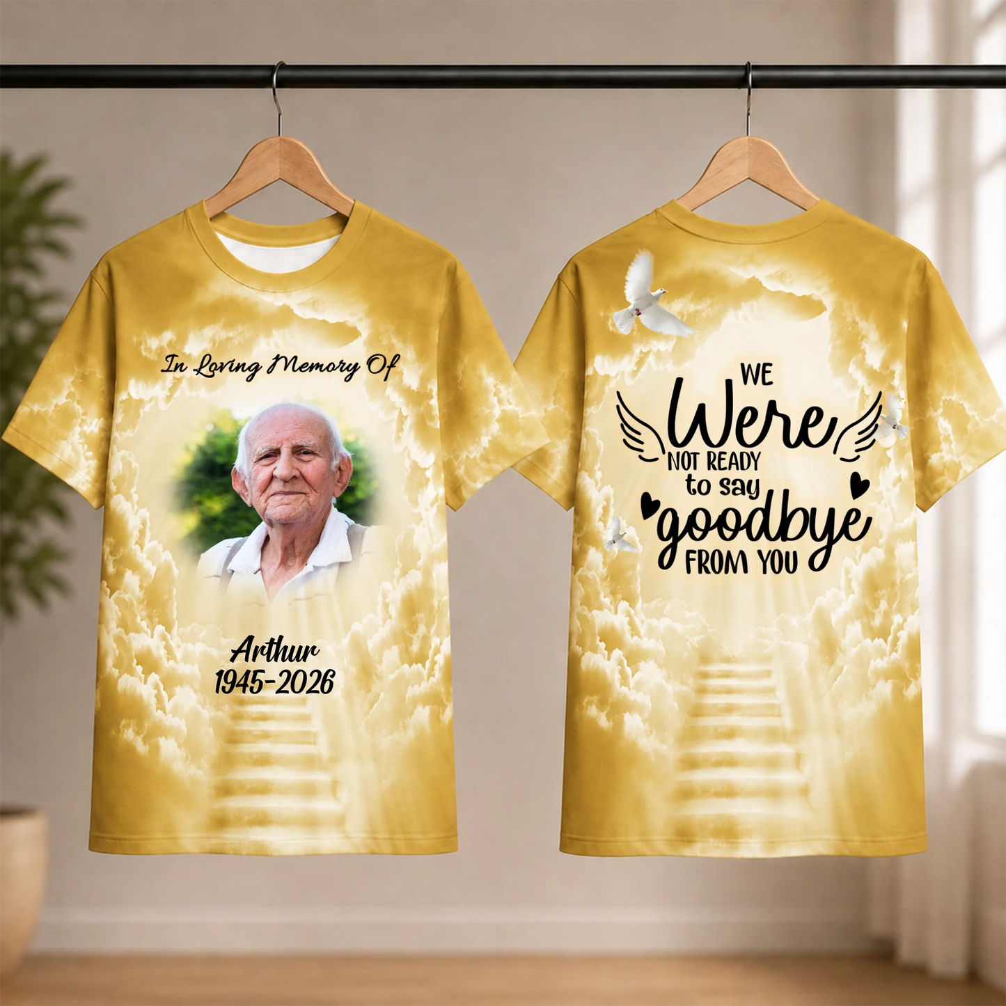 Custom memorial t-shirt with a photo, name, and dates featuring a golden heaven clouds design for sympathy gifts.