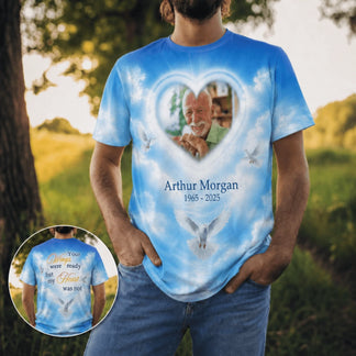 Custom memorial t-shirt featuring a heart photo frame, doves, and the quote Your wings were ready but my heart was not.