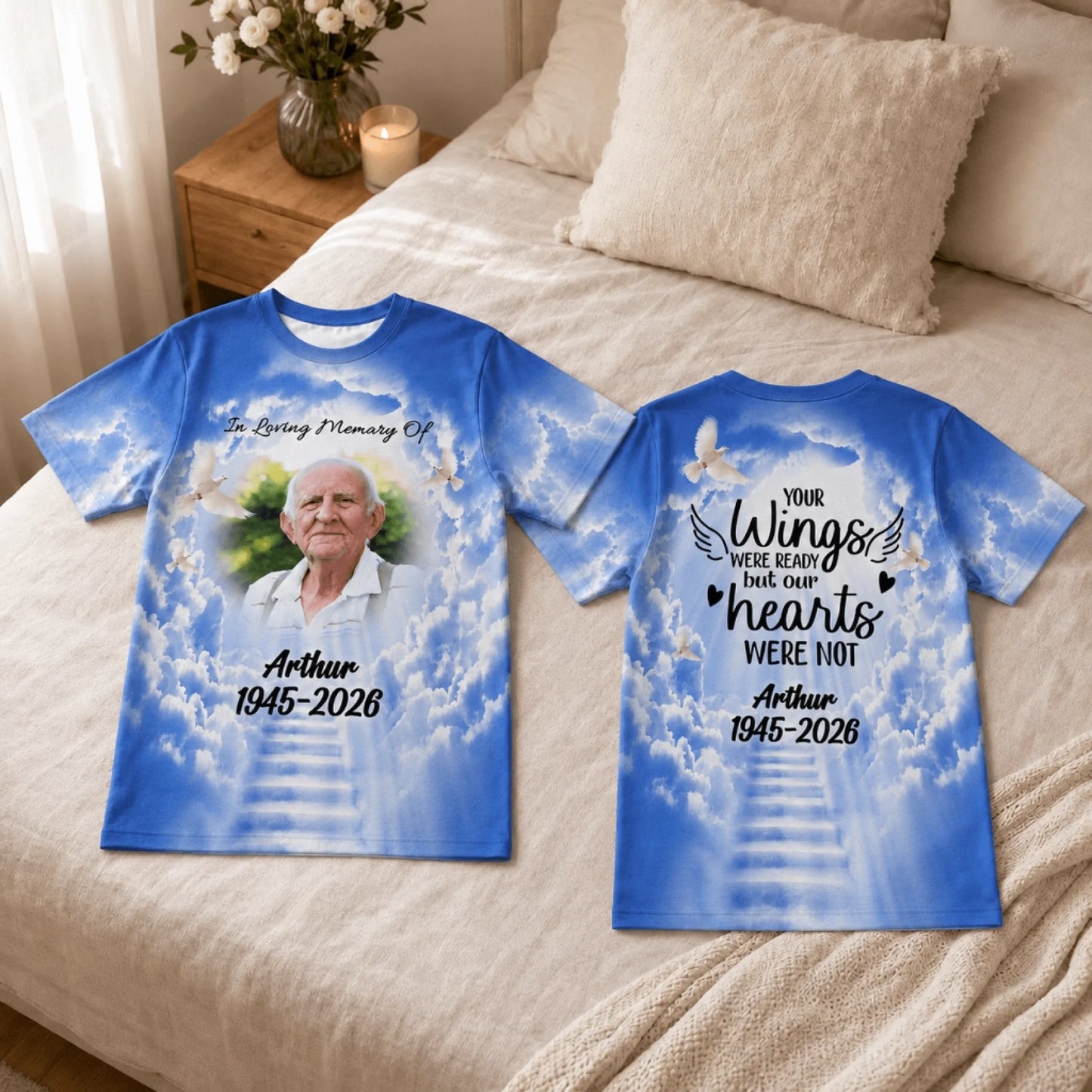 Custom memorial t-shirt with stairway to heaven theme, including a photo of Arthur and the quote Your Wings Were Ready.
