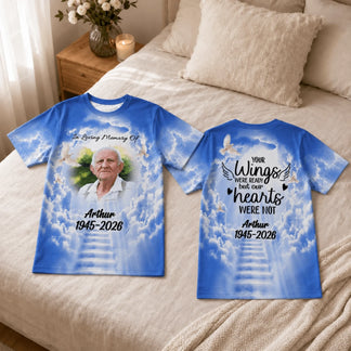 Custom memorial t-shirt with stairway to heaven theme, including a photo of Arthur and the quote Your Wings Were Ready.