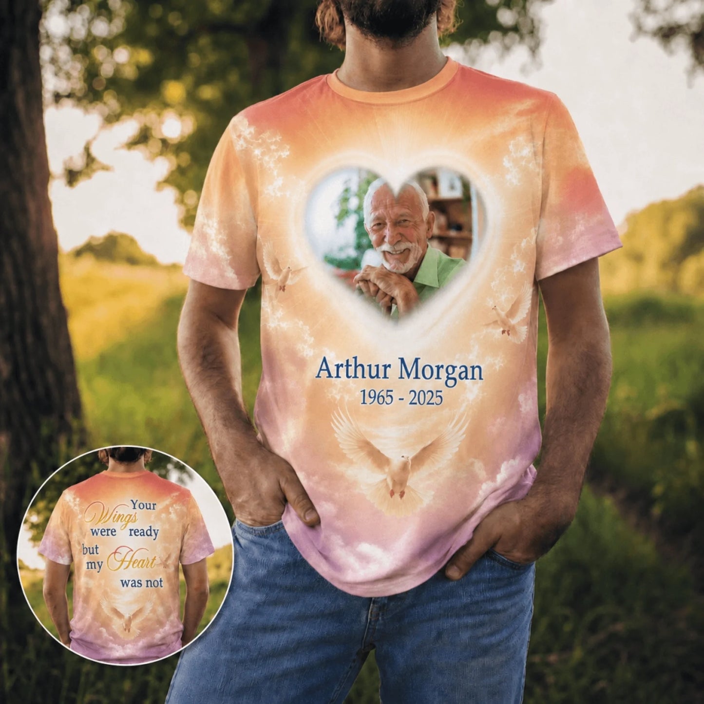 Men modeling a personalized memorial t-shirt with custom photo, name, and dates on a warm orange sunset background.