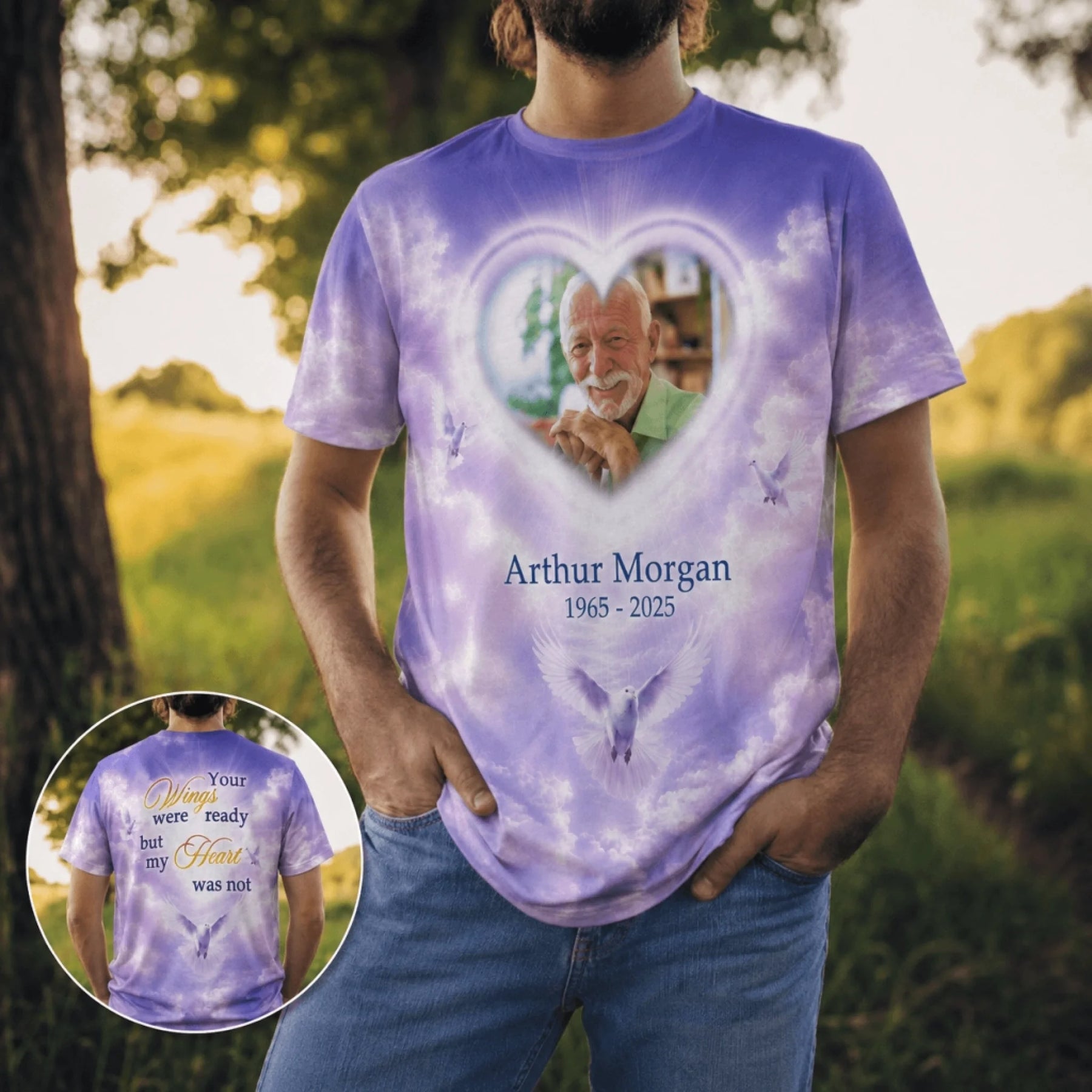 Custom memorial t-shirt showing front and back design with Arthur Morgan, doves, and meaningful sympathy quote.
