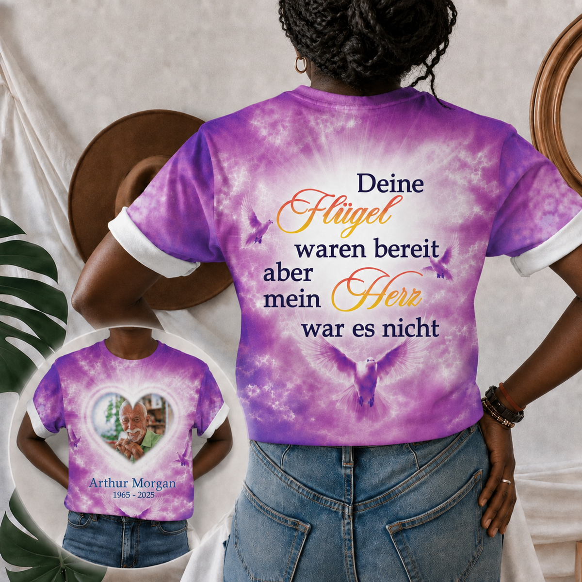 Custom memorial t-shirt featuring a photo of a loved one, dates, and a German sympathy quote on a purple celestial background.