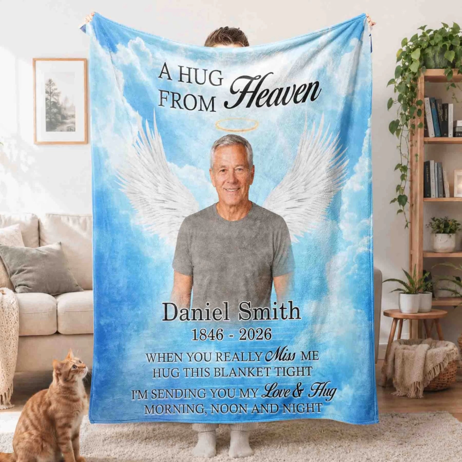 Custom memorial fleece blanket with angel wings and blue sky background perfect for grieving and sympathy gifts.
