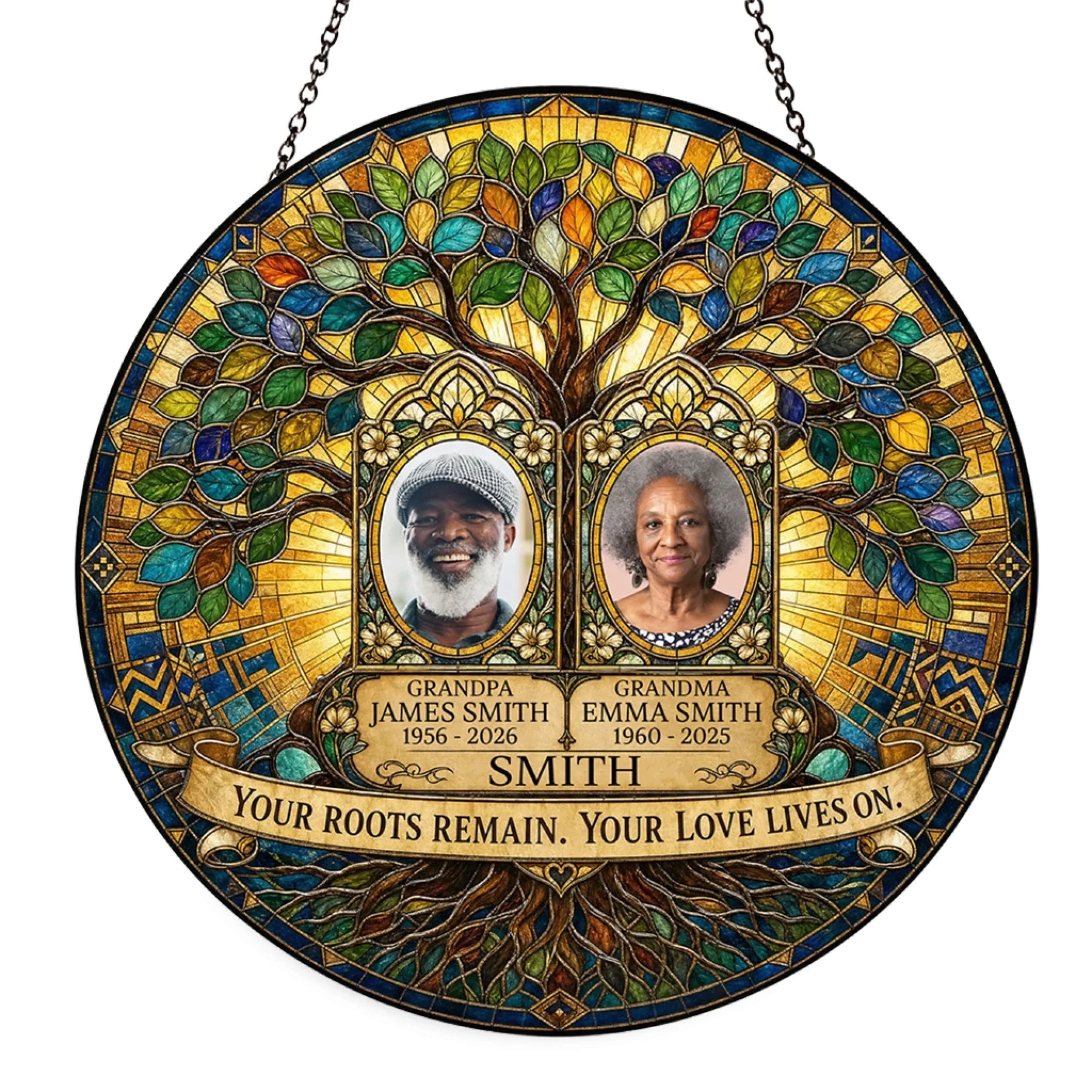 Custom memorial acrylic suncatcher featuring a stained glass tree of life design with photos, names, and dates.
