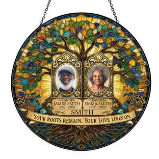 Custom memorial acrylic suncatcher featuring a stained glass tree of life design with photos, names, and dates.