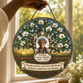 Custom memorial acrylic suncatcher featuring a tree of life design with photo and engraved quote for a sympathy gift.