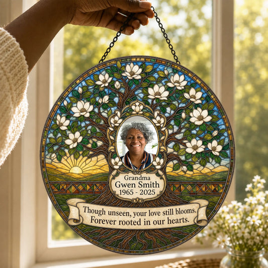 Custom memorial acrylic suncatcher featuring a tree of life design with photo and engraved quote for a sympathy gift.