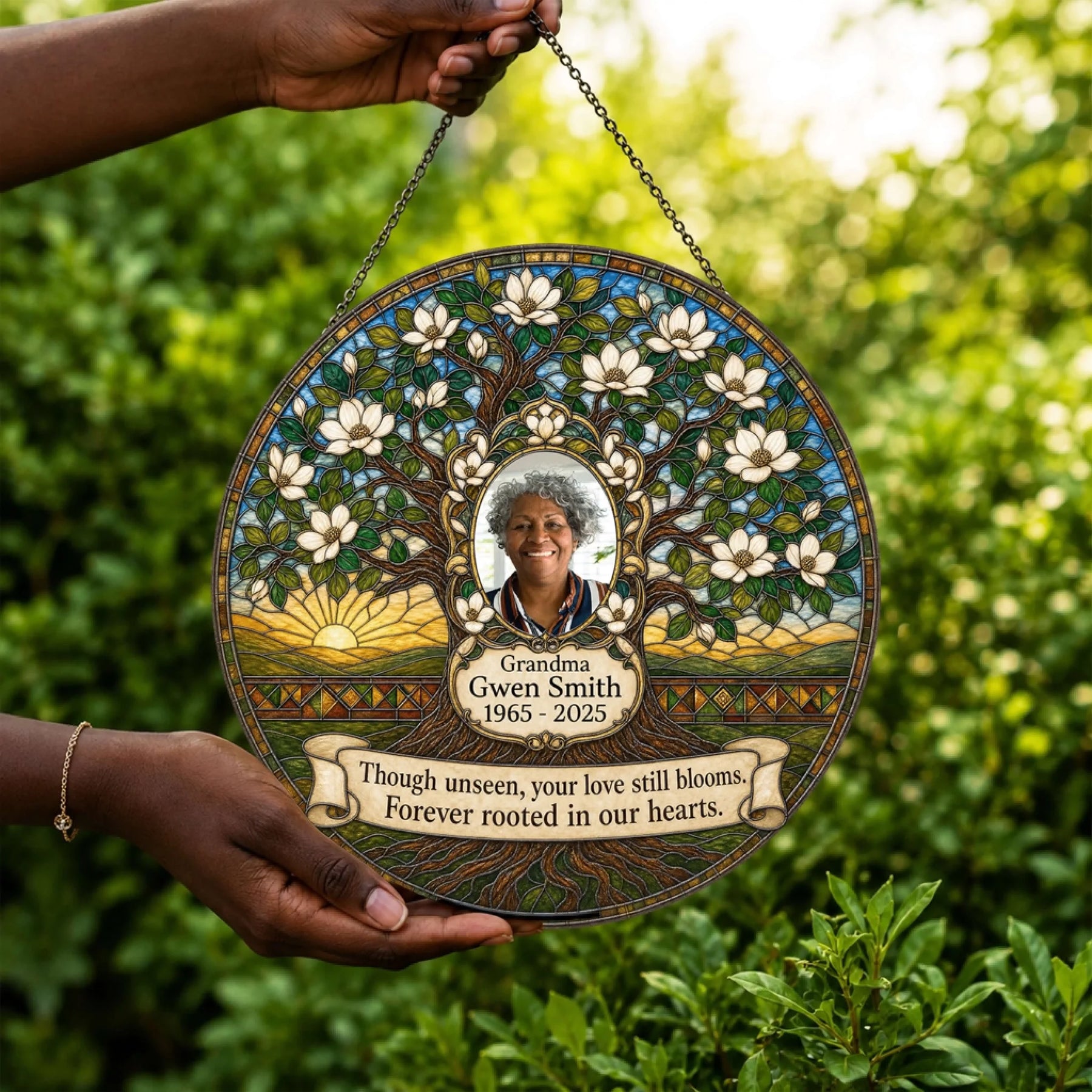 Custom memorial acrylic suncatcher with tree of life motif personalized with photo name and dates for sympathy gift.