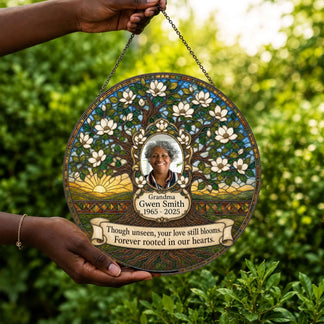 Custom memorial acrylic suncatcher with tree of life motif personalized with photo name and dates for sympathy gift.