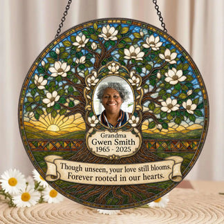 Custom memorial acrylic suncatcher with a blooming tree design featuring a personalized photo and commemorative text.