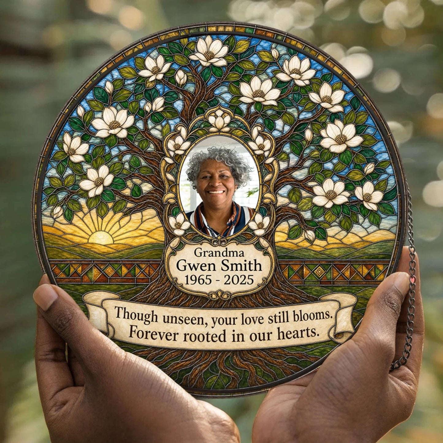 Personalized tree of life suncatcher with custom photo name and dates a thoughtful memorial gift to honor a loved one.