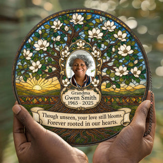 Personalized tree of life suncatcher with custom photo name and dates a thoughtful memorial gift to honor a loved one.